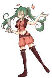  1girl baggy_shorts boots brown_boots brown_vest collared_shirt commentary_request crop_top cup evillious_nendaiki glass_of_conchita gradient_hair green_eyes green_hair holding holding_cup lcfz long_eyelashes long_hair midriff multicolored_hair navel one_eye_closed pink_eyes pink_shirt pink_shorts platonic_(akujiki_musume_conchita) shirt short_sleeves shorts solo sparkle standing standing_on_one_leg thigh_boots twintails vessel_of_sin vest vocaloid 