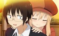  1boy 1girl black-framed_eyewear black_eyes black_hair black_jacket blonde_hair blush brother_and_sister closed_eyes closed_mouth collared_shirt doma_taihei doma_umaru game_asset glasses hands_on_another's_shoulders hat himouto!_umaru-chan himouto!_umaru-chan_himouto_ikusei_keikaku hood hood_down hoodie jacket long_hair looking_at_another newsboy_cap non-web_source official_art open_mouth outdoors portrait red_hat red_hoodie self-datamine semi-rimless_eyewear shirt short_hair siblings smile standing sunset under-rim_eyewear white_shirt 