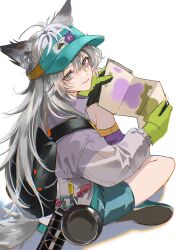  1girl absurdres animal_ears arknights backpack bag black_bag blue_shorts chinese_commentary commentary_request crossed_ankles from_side frying_pan gloves green_gloves grey_hair hair_between_eyes highres holding holding_map jacket lappland_(arknights) long_hair long_sleeves looking_at_viewer looking_back map official_alternate_costume prost_ganbei purple_jacket scar scar_across_eye scar_on_face shoe_soles shorts sitting smile solo visor_cap white_background wolf_ears wolf_girl 
