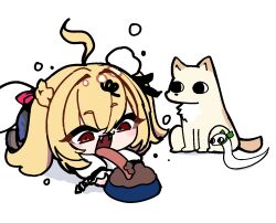  1girl ahoge all_fours blonde_hair bowl chalky_(zenless_zone_zero) cissia_(zenless_zone_zero) commentary_request dog eating fangs hair_ornament hairclip long_hair looking_at_another open_mouth otu_(o2h2_oh4) pet_bowl pet_food pom_pom_(clothes) pom_pom_hair_ornament red_eyes simple_background snake snake_girl snake_tail tail tongue tongue_out white_background white_snake zenless_zone_zero 