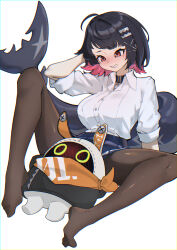  1girl absurdres against_railing bag black_hair black_pantyhose black_shoes blue_skirt breasts colored_inner_hair commentary_request ellen_joe ellen_joe_(on_campus) fins fish_tail food from_side full_body highres large_tail looking_at_viewer medium_breasts mole mole_under_eye multicolored_hair official_alternate_costume pantyhose railing razor_blade_hair_ornament red_eyes red_nails scar scar_on_tail school_bag shark_girl shark_tail shirt shoes simple_background sitting skirt solo tail wan_ban white_background white_shirt zenless_zone_zero 