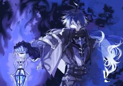  1boy antenna_hair arm_up belt black_belt black_capelet black_coat blue_fire blue_hair blue_theme capelet closed_mouth coat commentary_request cowboy_shot double-parted_bangs fire flins_(genshin_impact) floating_hair genshin_impact gradient_hair hair_between_eyes highres holding holding_lantern lantern long_hair male_focus multicolored_hair outstretched_arm solo standing torisukedesu very_long_hair white_hair yellow_eyes 
