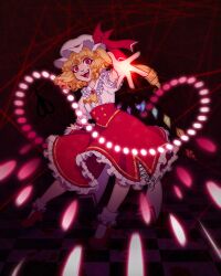  1girl adapted_costume ascot back_bow blonde_hair blood blood_on_ground bobby_socks bow brooch buttons carnelscorner center_frills checkered_floor collared_shirt commentary crystal danmaku english_commentary fangs flandre_scarlet frilled_shirt_collar frilled_skirt frilled_socks frills full_body hat hat_bow highres holding holding_polearm holding_weapon jewelry laevatein_(touhou) large_bow leaning_to_the_side long_hair looking_at_viewer mary_janes mob_cap multicolored_wings one_side_up outstretched_arms outstretched_hand polearm puffy_short_sleeves puffy_sleeves red_background red_bow red_eyes red_ribbon red_shoes red_skirt red_theme ribbon ribbon-trimmed_headwear ribbon_trim shirt shoes short_sleeves skirt socks solo teeth touhou upper_teeth_only weapon white_bow white_hat white_shirt wings yellow_ascot 