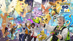  1other 2girls 3boys ambipom anniversary aqua_eyes arm_up armarouge artist_request backpack bag beard_stubble billboard black_hair black_jacket black_pants black_sclera black_shirt black_shoes blastoise blonde_hair blue_jacket blurry brown_hair brown_pantyhose building candela_(pokemon) carbink character_balloon charizard chikorita city claws clenched_hand closed_eyes closed_mouth clothed_pokemon colored_sclera commentary confetti copyright_logo copyright_name cosplay dark-skinned_female dark-skinned_male dark_skin diancie dragon dragon_wings dragonite dress dutch_angle eevee english_commentary eyewear_on_head facial_hair fangs female_protagonist_(pokemon_go) fire fireworks flame-tipped_tail floating flying fuecoco gholdengo gimmighoul gimmighoul_(roaming) gloves goomy great_tusk green_bag grin hat head_wings highres holding holding_poke_ball hood hood_down hoodie horns iron_treads jacket jirachi kozaki_yuusuke large_head_wings logo long_hair long_sleeves lucario malamar male_protagonist_(pokemon_go) mega_dragonite mega_lucario mega_malamar mega_mewtwo_x mega_mewtwo_y mega_pokemon mega_tyranitar meltan mewtwo mimikyu multicolored_gloves multicolored_hair multiple_boys multiple_girls narrowed_eyes night noivern nostrils nut_(hardware) official_art on_shoulder one-eyed open_clothes open_jacket open_mouth pants pantyhose pikachu poke_ball poke_ball_(basic) poke_ball_symbol pokemon pokemon_(creature) pokemon_go pokemon_on_shoulder pokestop ponytail professor_willow professor_willow_(cosplay) purple_aura purple_hair red_dress red_eyes red_gloves red_hat red_shorts second-party_source selfie selfie_stick sharp_teeth shirt shoes short_hair shorts single_horn sky smile spark_(pokemon) stubble sylveon tail teeth tepig thumbs_up totodile two-tone_gloves two-tone_hair tyranitar very_short_hair white_hair white_jacket wings yamper yellow_eyes yellow_gloves yellow_hoodie zacian zacian_(crowned) zeraora zygarde zygarde_(50) 