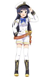  1girl absurdres blue_bow blue_bowtie blue_eyes blue_hair boots bow bowtie buttons double-breasted frills full_body hat highres hutaba idol_clothes idolmaster idolmaster_million_live! jacket lace-up_boots lapels long_hair long_sleeves military_hat military_uniform mogami_shizuka naval_dress_uniform naval_uniform one_night_cruise open_mouth sash shirt short_shorts shorts shoulder_boards sleeve_cuffs standing striped_clothes thigh-highs white_jacket white_shorts white_thighhighs 