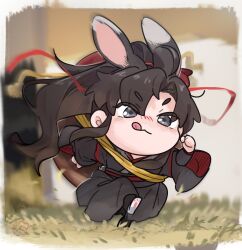  1boy :q ahoge animal_ears animal_feet backpack bag black_hair black_hanfu blurry blurry_background blush border chibi chibi_only chinese_clothes closed_mouth commentary_request floating_hair full_body grandmaster_of_demonic_cultivation grass grey_eyes hair_ribbon hand_up hanfu high_ponytail highres kemonomimi_mode korean_commentary licking_lips long_hair long_sleeves looking_at_viewer male_focus outdoors papu_ri_ca ponytail rabbit_boy rabbit_ears red_ribbon red_sash ribbon robe running sash shoulder_strap sidelocks signature solo tail thick_eyebrows tongue tongue_out very_long_hair wei_wuxian wide_sleeves 