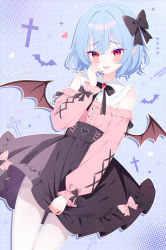  1girl absurdres alternate_costume animal_print bat_print bat_wings blue_background blue_hair blush bow bowtie brooch brown_bow brown_bowtie brown_skirt center_frills commentary_request contemporary frills hair_between_eyes hair_bow highres jewelry jirai_kei looking_at_viewer missing_headwear ohako_miyu open_mouth pantyhose pink_shirt pointy_ears red_eyes remilia_scarlet shirt short_hair skirt skirt_tug smile solo thighband_pantyhose touhou twitter_username white_pantyhose wings 