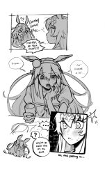  !? >_< ... 2girls ? ^^^ animal_ears aroused blush bow chibi chibi_inset coughing crumbs cup dashed_eyes dot_nose ears_down english_text eyes_visible_through_hair fang food_in_mouth furrowed_brow futarideyukou greyscale hair_between_eyes hand_to_own_mouth headband highres holding holding_cup horse_ears horse_girl long_hair monochrome multiple_girls oguri_cap_(umamusume) open_mouth puffy_short_sleeves puffy_sleeves ringed_eyes school_uniform short_sleeves simple_background speech_bubble spoken_ellipsis spoken_question_mark star_(symbol) sweat table tamamo_cross_(umamusume) tearing_up tongue tracen_school_uniform umamusume v-shaped_eyebrows vomit vomit_on_hand white_background wiping_mouth yuri 
