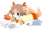 1girl animal_ears blue_eyes blush brown_hair copyright_request digital_media_player furry fuyuno_mikan looking_at_viewer lying on_stomach pocky short_hair simple_background skirt solo tail white_background 