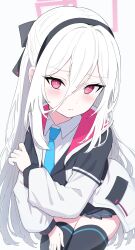 1girl absurdres black_hairband blue_archive blue_necktie blush double-parted_bangs hair_between_eyes hairband halo highres jacket kei_(blue_archive) kei_(student)_(blue_archive) long_hair long_hair_between_eyes long_sleeves loosely_tucked_bangs multicolored_jacket necktie pink_eyes pink_halo rectangular_halo ringed_eyes shirt skirt thigh-highs two-tone_jacket uchikata_takeaki very_long_hair white_hair white_jacket white_shirt 