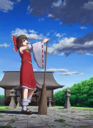  1girl ascot beckody black_shoes blue_sky bow broom brown_eyes brown_hair building clouds commentary_request day detached_sleeves frilled_bow frilled_hair_tubes frills hair_bow hair_tubes hakurei_reimu hakurei_shrine highres holding holding_broom leaf long_hair mary_janes outdoors red_bow red_skirt ribbon-trimmed_sleeves ribbon_trim shoes skirt skirt_set sky sleepy socks solo stone_lantern touhou white_socks yawning yellow_ascot 