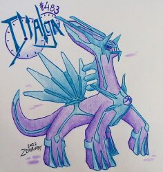  analog_clock animal_focus artist_name clock closed_mouth commentary dated dialga english_commentary full_body limited_palette no_humans pokedex_number pokemon pokemon_(creature) pokemon_focus solo traditional_media white_background zerokirbyarts 
