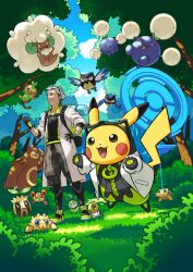  1boy :3 artist_request backpack bag black-framed_eyewear black_bodysuit black_eyes black_gloves black_hair blue_eyes blue_sky bodysuit bright_pupils bush claws closed_mouth clothed_pokemon clouds coat cosplay day eyewear_on_head floating flying forest glasses gloves grass green_shoes grey_shorts grookey hand_on_own_hip holding holding_poke_ball in_tree joltik jumpluff lab_coat meltan merchandise_available multicolored_hair nature official_art one-eyed open_clothes open_coat open_mouth outdoors petilil pikachu poke_ball poke_ball_(basic) pokemon pokemon_(creature) pokemon_focus pokemon_go professor_willow professor_willow_(cosplay) red_eyes rookidee second-party_source semi-rimless_eyewear shoes short_hair shorts sky smile sunkern teddiursa tree two-tone_hair ursaring whimsicott white_coat white_hair white_pupils zipper 