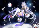  1girl absurdres animal_ears armpits ass bare_shoulders boots breasts cat_ears commentary detached_sleeves dress elbow_gloves empew eyepatch fake_animal_ears floating gloves highres long_hair looking_at_viewer original paw_print red_eyes short_dress silver_hair space star thigh-highs thigh_boots very_long_hair white_boots 