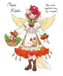  1girl adapted_costume apron basket bird_girl bird_tail bird_wings blonde_hair boots brown_boots buttons carnelscorner center_frills character_name closed_mouth commentary earrings english_text frilled_apron frills full_body high_heel_boots high_heels highres holding holding_basket hoop_earrings jewelry long_sleeves multicolored_hair niwatari_kutaka orange_skirt red_eyes red_hair red_lips ribbon shirt short_hair skirt smile solo tail tassel touhou two-tone_hair white_apron white_ribbon white_shirt wings yellow_wings 