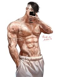 1boy arm_tattoo black_hair breast_tattoo cellphone chest_tattoo finger_tattoo full-body_tattoo glasses hand_tattoo highres holding holding_phone looking_at_phone looking_at_viewer lookism male_focus mirror_selfie muscular neck_tattoo pants pectorals phone selfie seo_seong_eun seongeunsgf short_hair simple_background smartphone solo stomach_tattoo tattoo white_background 