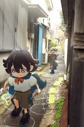  2girls alley aoyagilila aqua_cape artist_request black_hair blonde_hair blurry cape chalk_drawing check_artist child closed_mouth day depth_of_field goggles grey_overalls highres holding holding_stick house loca! long_hair multiple_girls o_o official_art open_mouth orange_shirt outdoors overalls patchwork_clothes photo_background road shirt short_hair short_sleeves shorts stick street twintails vanishing_point white_shirt 