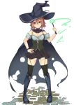  1girl alternate_costume bare_shoulders blue_boots boots breasts brown_eyes cape cleavage garter_straps hair_between_eyes hairband halloween halloween_costume hand_on_hip hat highres kantai_collection knee_boots light_brown_hair looking_at_viewer sakuhiko shiratsuyu_(kantai_collection) short_hair simple_background skirt solo thigh-highs twitter_username wand white_background witch_hat 
