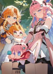  2girls absurdres blue_eyes bug butterfly commentary_request denia_(wuthering_waves) detached_sleeves doll dress flat_chest green_eyes hair_ornament highres holding jacket looking_at_viewer monokulo_kitsune multiple_girls nature orange_hair pink_hair pointy_ears sigrika_(wuthering_waves) smile sunlight thigh_strap white_jacket wuthering_waves 