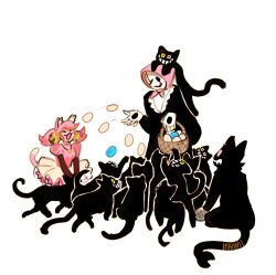  1boy 1girl absurdres animal_ears animal_on_head bandana basket bell cat cat_ears cat_girl cat_on_head cat_tail colored_sclera commentary deltarune egg english_commentary friend_(deltarune) hair_bell hair_ornament highres holding holding_basket ink-ami mad_mew_mew on_head pink_bandana pink_sclera signature stigmata tail twintails utdr_(toby_fox) w.d._gaster yellow_sclera 