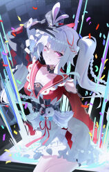  1girl absurdres aki_maple arm_up bare_shoulders black_gloves blunt_bangs braid choker commentary_request confetti cowboy_shot dress facial_mark gloves grin hat heart heart_facial_mark highres honkai:_star_rail honkai_(series) long_hair long_sleeves looking_at_viewer mini_hat mini_top_hat one_eye_closed partial_commentary pink_eyes smile solo sparkle_(honkai:_star_rail) sparxie_(honkai:_star_rail) standing thigh_strap top_hat twintails very_long_hair victory white_hair 
