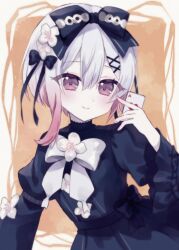  1girl black_bow black_dress bow bow_flower card chest_bow closed_mouth dress dress_flower flower frilled_dress frills gradient_hair hair_bow hair_flower hair_ornament haruno_ichigo highres holding holding_card long_sleeves mahou_shoujo_no_majo_saiban multicolored_hair official_alternate_costume pink_eyes pink_hair playing_card poker_chase sakuraba_ema short_hair smile solo upper_body white_hair wings x_hair_ornament 