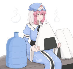  1girl black_ribbon blue_hat blue_kimono blush closed_eyes closed_mouth commentary eating english_commentary food food_on_face frilled_kimono frills glutton hat highres hitodama holding holding_food japanese_clothes kimono long_sleeves mata_(matasoup) mob_cap neck_ribbon onigiri oversized_food oversized_object pink_hair print_kimono ribbon saigyouji_yuyuko simple_background sitting sleeve_garter solo touhou triangular_headpiece white_background wide_sleeves 