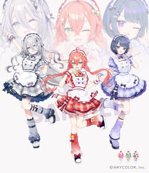  3girls :3 :d ahoge ankle_garter apron black_hair blue_hair bow bowtie braid chon_(chon33v) cleavage_cutout clothing_cutout colobbit commentary_request copyright_notice crossed_bangs dress enmaided fangs food frilled_apron frilled_dress frills gradient_hair green_eyes grey_bow grey_dress grey_eyes grey_hair grey_nails hair_between_eyes hair_ornament ice_cream jellyfish_cut koshimizu_toru layered_skirt leg_warmers long_hair looking_at_viewer low_twin_braids maid maid_apron maid_headdress mole mole_under_each_eye mole_under_eye mole_under_mouth multicolored_hair multiple_girls multiple_moles nail_polish name_tag nijisanji official_alternate_costume official_art orange_hair overskirt pinstripe_pattern plaid_clothes plaid_dress platform_shoes puffy_short_sleeves puffy_sleeves purple_dress purple_nails rabbit_hair_ornament red_dress red_nails ribbed_socks sample_watermark shishido_akari shoes short_hair short_sleeves side_braid skirt smile socks sophia_valentine standing standing_on_one_leg swept_bangs twin_braids two-tone_bow two-tone_bowtie unconventional_maid violet_eyes waist_apron watermark white_apron white_wrist_cuffs wrist_cuffs zoom_layer 