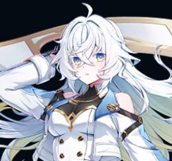 1girl ahoge aqua_coat aqua_eyes aqua_jacket aqua_sleeves arm_up bare_shoulders belt belt_buckle black_background black_belt black_gloves blue_coat blue_eyes buttons chakram cleavage closers clothing_cutout coat collar collared_shirt colored_eyelashes colored_lapels commentary_request cropped_jacket crossed_bangs dress floating_hair gloves gold gold_buttons gold_necklace gold_trim grin hair_between_eyes hair_intakes jacket lapels long_hair long_sleeves looking_at_viewer lowres mois_(closers) moon moon_necklace multicolored_eyes necklace non-web_source official_art parted_lips pink_eyes see-through see-through_clothes see-through_dress shoulder_cutout sidelocks teeth upper_body white_dress white_eyelashes white_hair white_pupils yellow_eyes