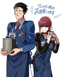  1boy 1girl absurdres belt_buckle black_hair blue_dress buckle choker collarbone denim denim_apron dress ear_piercing hair_slicked_back highres jacket jinusi leather leather_jacket looking_at_another manga_(object) nail_polish name_tag necktie piercing red_eyes red_hair red_necktie sasaki_(super_no_ura_de_yani_suu_futari) short_hair simple_background skirt super_no_ura_de_yani_suu_futari tayama_(super_no_ura_de_yani_suu_futari) white_background 