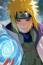  1boy artist_name blonde_hair blue_eyes coat forehead_protector hokage konohagakure_shinobi_uniform konohagakure_symbol luv_chan55 male_focus namikaze_minato naruto_(series) naruto_shippuuden rasengan signature solo spiky_hair twitter_username white_coat 