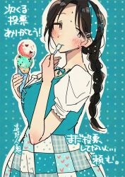  1girl :> black_eyes black_hair blue_background blue_bow blue_dress blush bow bowtie braid breasts brown_eyes closed_mouth commentary_request dress eating food hair_bow hairband highres ice_cream large_breasts looking_at_viewer no_sclera official_art polka_dot polka_dot_background promotional_art puffy_short_sleeves puffy_sleeves short_sleeves tall_female toono_hitonatsu translation_request upper_body yachiru-san_wa_homeru_to_nobiru yachiru_(yachiru-san_wa_homeru_to_nobiru) 
