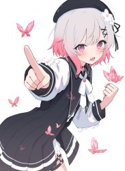  1girl absurdres belt beret black_choker black_coat black_hat bug butterfly center_frills choker coat collared_coat cowboy_shot fang flower flower-trimmed_shorts flower-trimmed_sleeves frills gradient_hair hair_flower hair_ornament hat hat_flower hat_ribbon highres kurumi_kororin long_sleeves looking_at_viewer mahou_shoujo_no_majo_saiban multicolored_hair neck_ribbon o-ring o-ring_thigh_strap open_mouth pants pink_eyes pink_hair pointing pointing_at_viewer red_butterfly ribbon sakuraba_ema shirt short_hair shorts simple_background skin_fang sleeveless sleeveless_coat solo thigh_strap white_background white_flower white_hair white_pants white_ribbon white_shirt white_shorts white_sleeves x_hair_ornament 