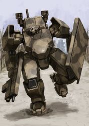  arm_shield camouflage day grey_sky gun highres holding holding_gun holding_weapon machine_gun mecha mecha_focus missile_pod no_humans one-eyed_mecha original outdoors robot running science_fiction shield sky tyokugekidato weapon 
