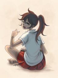 1girl alternate_hairstyle barefoot brown_eyes brown_hair commentary_request danganronpa_(series) danganronpa_2:_goodbye_despair dark-skinned_female dark_skin eyelashes full_body hair_between_eyes kiri_(2htkz) long_hair looking_at_viewer looking_back open_mouth owari_akane ponytail red_skirt shirt short_sleeves signature simple_background sitting skirt solo tan teeth toes upper_teeth_only white_background white_shirt 