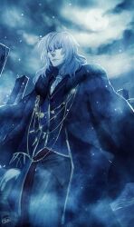  1boy ascot black_pants blue_coat clouds cloudy_sky coat doumu_(airen) floating_clothes formal_clothes from_below full_moon fur_coat gloves gold_trim hair_between_eyes looking_at_viewer male_focus medium_hair moon night overcoat pale_skin pants sash sky snow solo standing tsukihime tsukihime_(remake) vampire vlov_arkhangel white_ascot white_gloves white_hair 