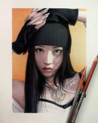 1.m.fine 1girl allday_project art_tools_in_frame beanie black_hair black_hat border breasts brown_eyes colored_pencil colored_pencil_(medium) east_asian grey_nails hands_on_own_head hat highres jewelry k-pop korean_commentary long_hair looking_at_viewer necklace orange_background parted_lips pencil photo_(medium) portrait real_life realistic red_lips signature small_breasts solo streetwear traditional_media white_border youngseo_(allday_project) 
