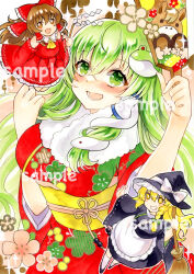  3girls alternate_costume apron asebi black_kimono blonde_hair blush bow braid breasts broom brown_eyes brown_hair chinese_zodiac commentary_request detached_sleeves floral_print floral_print_kimono frilled_bow frilled_hair_tubes frills fur-trimmed_kimono fur_trim furisode gohei grin hagoita hair_bow hair_tubes hakurei_reimu hat hat_bow highres holding holding_broom holding_gohei holding_paddle horse_print japanese_clothes kimono kirisame_marisa kochiya_sanae large_breasts long_hair looking_at_viewer multiple_girls new_year obi obijime open_mouth paddle print_kimono red_bow red_kimono red_skirt ribbon-trimmed_sleeves ribbon_trim sample_watermark sash side_braid single_braid skirt skirt_set smile solo_focus touhou traditional_media waist_apron watermark white_bow witch_hat year_of_the_horse yellow_eyes yellow_sash 