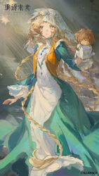  1girl absurdres braid brown_eyes brown_hair copyright_name copyright_notice cube dress everecho_(reverse:1999) feet_out_of_frame green_dress hand_puppet hand_up heterochromia high_collar highres logo long_dress long_hair looking_to_the_side multiple_braids official_art official_wallpaper orange_vest parted_lips puppet reverse:1999 solo sunlight veil vest white_veil 