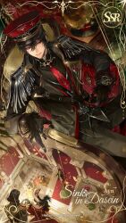  belt black_hair chain chair character_request checkered_floor commentary earrings english_commentary feathers gloves hat highres jewelry lovebrush_chronicles military_uniform necktie official_art on_chair phonograph puppet_strings red_carpet red_eyes sitting smile string tassel vinyl_record 