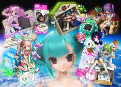  1girl ahoge aqua_hair box brown_eyes doll doll_house double_bun earth_(planet) figure frills hair_bun handheld_game_console highres looking_at_viewer mole mole_under_eye nintendo_ds original planet susushi_11 tamagotchi toy_box trinkets 