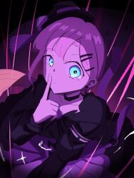  1girl anyoji_hime black_choker black_dress black_hat blue_eyes choker closed_mouth commentary_request cowboy_shot dress earrings finger_to_mouth hair_ornament hairclip hat heart heart_earrings highres jewelry juliet_sleeves long_sleeves looking_at_viewer love_live! love_live!_hasu_no_sora_jogakuin_school_idol_club mifukuzawa new_black_(love_live!) parallel_hairclips pink_hair puffy_sleeves purple_theme shushing solo tilted_headwear virtual_youtuber 