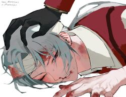  1boy 1other artist_name bandaged_head bandages black_gloves blood blood_on_face blood_on_hand collared_shirt curtained_hair gloves grey_hair half-closed_eye hand_on_another's_head head_pinned_down highres jacket limbus_company long_hair long_sleeves low_ponytail lucio_(project_moon) lying male_focus nosebleed one_eye_closed out_of_frame parted_lips ponytail project_moon red_jacket red_vest shirt simple_background solo_focus sweat vest violet_eyes white_background white_shirt yopiems 