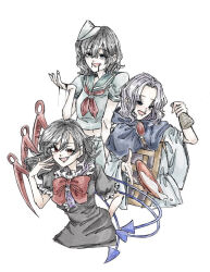  3girls asymmetrical_wings black_dress black_hair blue_capelet blue_hood blue_wings bow bowtie buddhist_nun capelet commentary_request cup dress frilled_sleeves frills green_eyes green_hat green_shirt hat highres holding hood hood_down houjuu_nue kesa kumoi_ichirin liver017 looking_at_viewer midriff multiple_girls murasa_minamitsu navel neckerchief open_mouth pink_hair puffy_short_sleeves puffy_sleeves red_bow red_bowtie red_eyes red_neckerchief red_wings sailor_hat sakazuki shirt short_sleeves smile tokkuri touhou white_dress wings 