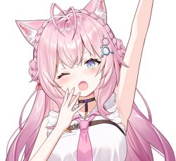  1girl animal_ears antenna_hair arm_up armpits black_choker blue_eyes blush braid braided_bun breasts choker collared_shirt commentary crown_braid double_bun fang fingernails frilled_shirt frills hair_between_eyes hair_bun hair_ornament hair_ribbon hakui_koyori hakui_koyori_(1st_costume) heart heart_choker hololive large_breasts long_hair looking_at_viewer momoko_(momopoco)_(style) necktie open_mouth pink_hair pink_necktie pocket_watch red_ribbon ribbon shirt simple_background skin_fang sleeveless sleeveless_shirt solo stretching violet_eyes virtual_youtuber watch white_background white_shirt wolf_ears wolf_girl zen8ze 