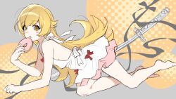  1girl absurdres all_fours bakemonogatari blonde_hair doughnut food highres holding holding_food katana looking_at_viewer monogatari_(series) open_mouth oshino_shinobu povertyisabusee simple_background sword weapon yellow_eyes 