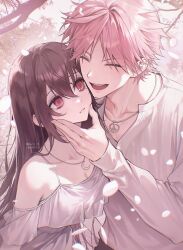  1boy 1girl absurdres bare_shoulders breasts brown_hair closed_eyes closed_mouth commission crescent deodeo325752 dress hair_between_eyes hand_on_another's_face highres jewelry leaf long_hair long_sleeves looking_at_another medium_breasts necklace original outdoors peace_symbol petals pink_hair pout red_eyes shirt short_hair smile teeth tree upper_body upper_teeth_only white_dress white_shirt 