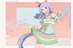  1girl absurdres animal_ears bare_shoulders bikini blush breasts character_name dress dress_swimsuit ear_flower ear_wreath green_bikini highres horse_ears horse_girl horse_tail jewelry long_hair looking_at_viewer mejiro_mcqueen_(fair_lady_of_the_waves)_(umamusume) mejiro_mcqueen_(umamusume) myticalcat necklace ocean official_alternate_costume open_mouth outdoors pink_sky purple_hair seashell_bracelet see-through_clothes see-through_dress sky small_breasts smile solo sunset swimsuit tail umamusume violet_eyes water 