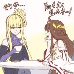  2girls aoki_hagane_no_arpeggio blonde_hair brown_hair closed_eyes commentary crossover cup double_bun dress h-new hair_bun hairband japanese_clothes kantai_collection kongou_(aoki_hagane_no_arpeggio) kongou_(kantai_collection) long_hair multiple_girls namesake nontraditional_miko pantyhose ponytail red_eyes table teacup translated 