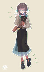  1girl artist_logo artist_name bag black_choker black_dress black_shoes blunt_bangs boots breasts brown_bag brown_hair brown_jacket character_doll choker colored_tips commentary_request doll dress full_body green_hair green_outline highres holding holding_notebook holding_pen indie_virtual_youtuber jacket layered_dress leather leather_boots logo long_dress long_sleeves mau-chan_(7name) medium_hair multicolored_hair naname_(7name) naname_(vtuber) notebook notice_lines open_mouth orange_socks outline partially_unzipped pen see-through_clothes see-through_dress see-through_jacket self-portrait semi-rimless_eyewear shirt shoes short_sleeves shoulder_bag side_slit simple_background small_breasts smile socks solo under-rim_eyewear white_outline yellow_background zipper 